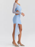 Znbbw Hollow Out Backless Sexy Mini Dress For Women Robe Two Layer Mesh Inclined Shoulder Irregular Club Party Dress Vestido