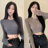 Znbbw Women's Sweater Base Sweater Versatile Round Neck Knit Sweater Slim Fitting Short Top Sweater