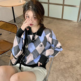 Znbbw Contrast Color Crop Tops Argyle Plaid Turn Down Collar Knitted Pullovers Autumn Winter 2024 Korean Fashion Sweaters