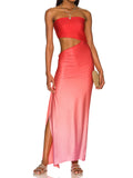 Znbbw Gradient Color Maxi Dress for Women Y2k Strapless Tube Bodycon Hollow Out Long Split Dress Holiday Beach Party Vestidos