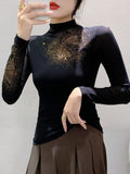 Znbbw New Half Turtleneck Long Sleeve Diamond Mesh T-shirt Women's Slim Fit Base Black TShirts BH9739