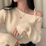 Znbbw Skew Collar Sweater Off Shoulder Ropa Mujer Lace Up Bow Pullover Feminino Sexy Womens Clothing Korean Knitwears