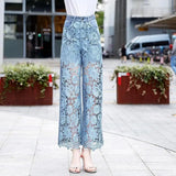 Znbbw Waist Pantalones De Mujer Lace Patchwork Hollow Out Fashion Elegant Jeans for Women All Match Casual Loose Summer Pants
