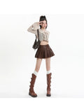 Znbbw Women's Coffee Leather Pleated Skirt Harajuku Y2k 2000s Vintage Mini Skirt 90s Aesthetic Streetwear Fashion A-Line Skirt Clothes