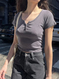 Znbbw Vintage Slim Basic T Shirt Women Button O-neck Casual Cotton Short Sleeve T-shirts Tops Harajuku Cute Summer Crop Top Y2k