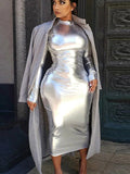 Znbbw Silver Bright Metallic Party Bodycon Midi Dress Women Long Sleeve Turtleneck Casual Elegant Club Vestidos 2023 Fashion