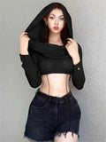 znbbw Spring Sexy Solid Pullover Hoodies Club Outfit For Women 2023 Long Sleeve Hooded Crop Top Female Black Knit Hoodies