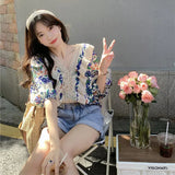 Znbbw Blouses Women Print Lace Patchwork Shirts Summer Elegant Harajuku Lady Holiday V Neck Puff Sleeve Loose Casual Tops New