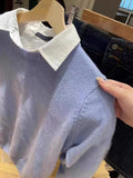 Znbbw Blue Slim Knitted Sweater Women Cute Preppy Style Round Neck Autumn Cotton Jumper Vintage Simple Solid Sweaters Tops Y2k