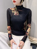 Znbbw New Long Sleeve T-shirt For Women Floral Turtleneck High Stretch Slim TShirts Located Printing Mesh Tops FF0862