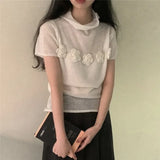 Znbbw Floral Patchwork Ropa Mujer Half High Collar Tops Short Sleeve T Shirt Korean Chic Camisetas Summer Knitted Clothes Women