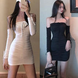 Znbbw Women's Sexy Off Shoulder Bra Slim Fit Dress Black Fashion Sexy Off Shoulder Sleeve Dress