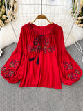 Znbbw Women's Retro Blouse National Style Embroidered Lace-Up Tassel V-Neck Lantern Sleeve Tops Loose All-Match Female Blusa G05
