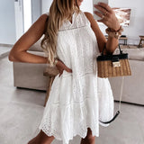 Znbbw Women Casual White Dress Boho Party Plain Beach Sundress Summer Loose Sleeveless Hook Flower Hollow Mini A-Line Dresses