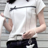 Znbbw Y2k T Shirts Short Sleeve Bow Patchwork Aesthetics Female Slim Crop Tops Summer Preppy Style 2000s Design Girl Clothing