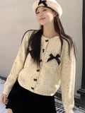 Znbbw Style Cardigan for Women Bow Patchwork Button Knit Short Coats Autumn Winter Sweaters Fashion Sweet Loose 2024 Clothing