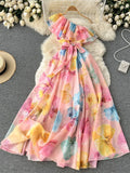 Znbbw Summer Holiday Dress Ladies' Bandage Irregular Slanted Shoulder Chiffon Floral Print Straps Waist Long Vestidos Women D0960