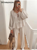 Znbbw Print Women's 2-piece Pants Set Lace Up Lantern Sleeve O-neck Top Loose High Waist Pant 2024 Spring Lady Casual Outfits