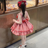 Znbbw Pleated Tutu Skirt Summer Party Clothes Bow Lace Girls Plaid Printing Sleeveless Dress