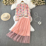 Znbbw Winter Skirt Suit Women Long Sleeve Single Breasted Tweet Beaded Coats High Waist Maxi Pleated Skirt Sweet 2 Piece Sets
