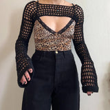 Znbbw Y2K Knitted Crochet Crop Tops Hollow Out Loose O Neck Long Sleeve Smock Tops Women Retro Tee Chic Knitwear Streetwear