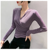 Znbbw Spring Crossed V Neck Folds T Shirts Lady Long Sleeve High Stretch Tops Elegant Soft Tee Shirt For Woman HF8705