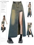 Znbbw Women's Blue A-line Denim Skirt with Slit Vintage Aesthetic Y2k Jean Skirt Harajuku Korean Long Skirt 2000s Clothes Summer 2024