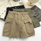 Znbbw Vintage Women A Line Skirt Korean Streetwear High Waist Mini Skirt Y2K Casual All Match Female Pocket Cargo Skirt New