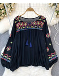 Znbbw Women Spring Embroidery Blouse Flower Vintage Ethnic Lantern Long Sleeved O-Neck Loose Cotton Linen Shirt Casual Top D5082