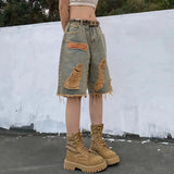 Znbbw Women Vintage Hole Denim Shorts Y2K Hip Hop High Street Jeans Shorts Bf Summer Baggy All Match Wide Leg Short Pants