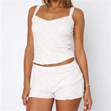 Znbbw Women Sexy 2 Piece Pajama Set Heart Print Sleeveless Lace Trim Crop Cami Top and Shorts Pj Set Y2K Sleepwear Lounge Outfits