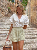 Znbbw Doll Collar Shirts Shorts Women 2 Piece Sets Loose Puff Sleeve Single Breasted Blouses Ruffles Short Pants 2024 Summer