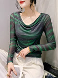 Znbbw Spring Summer Double-Layer Mesh Top Long Sleeve Printing T-shirt Woman Slim Fitting Tee For Female