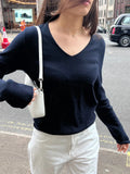 Znbbw V Neck Raw Trim Cotton T Shirt For Women Autumn Casual Simple Navy Long Sleeve T-shirts Streetwear Vintage Cute Tees Tops