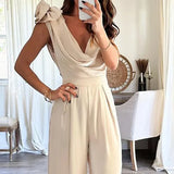Znbbw Women Jumpsuits Summer Fashion Temperament Cowl Neck Sleeveless Solid Rose Nipped Waist Wide Leg Pants Rompers High Stree