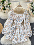 Znbbw New Spring Summer Women's Jumpsuit Dress V-neck Puff Sleeves Sweet Folds Slim Slimming Floral Wide-leg Shorts UK770