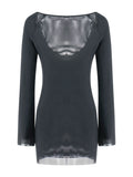 Znbbw Women Spring Autumn y2k Elegant Long Sleeve Backless Bodycon Mini Dress Vintage Solid Color Skinny Holiday Casual Dress