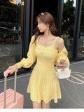 Znbbw Winter Sweet Knitted Two Piece Dress Set Women Casual Coat+Strap Dress Set Female Korean Style Solid Slim Chic Dress Suit