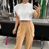Znbbw Women Two Piece Set Summer Fashion Round Neck Sleeveless Top Casual Nipped Waist With Pocket Cargo Pants Sets Streetwear