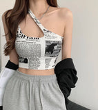 Znbbw spaghetti strap tank top woman newspaper letter print wirefree bra camis for women camisole new trend