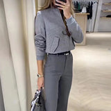 Znbbw 2 Piece Set Autumn Winter Office Crew Long Sleeve Solid Zipper Jacket Loose Straight With Belt Pants Sets Streetwear