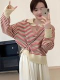 Znbbw Sweater Female 2024 Korean Women Autumn Academy Sweater Loose and Slim Versatile Striped Top Long Sleeve Knit Sweater