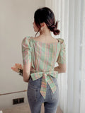 Znbbw Vintage Blouses V Neck Puff Sleeve Bandage Pleated Plaid Shirts Summer Female Slim Crop Top Chic All Match Women Clothes