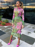 Znbbw Women 2023 Summer Autumn Fashion Long Sleeve Bodycon Streetwear Floral Printed Midi Dress Wholesale Items For Business