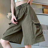 Znbbw Thin Cargo Shorts Women Y2K Loose Fashion Drawstring Pocket Shorts Bf Baggy Korean Streetwear Wide Leg Knee-Length Pants