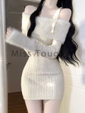 Znbbw Knitted New One Piece Dress Women Off Shoulder Sweet Vintage Y2k Mini Dress Female Korean Fashion Chic Sweater Dresses 2024