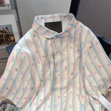 Znbbw Sweet Blouses Short Sleeve Striped Print Aesthetics Shirts Tops Summer Preppy Style All Match Y2k 2000s Girl Clothing