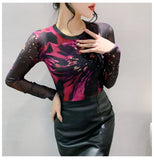 Znbbw Summer Mesh Tee Long Sleeve Positioning Printing Fairy T-shirts Women's Elegant Slim Fitting Tops