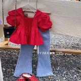 Znbbw Girls Clothes Set New Fashion Girls Baby Short Sleeve Top Jeans Two Piece Spring Summer Children's Clothing Set