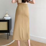 Znbbw Vintage Design Simple A-Line Skirts Sexy Split Folds High Waist Women Midi Skirt Elegant Female Office Skirt Jupe Femme